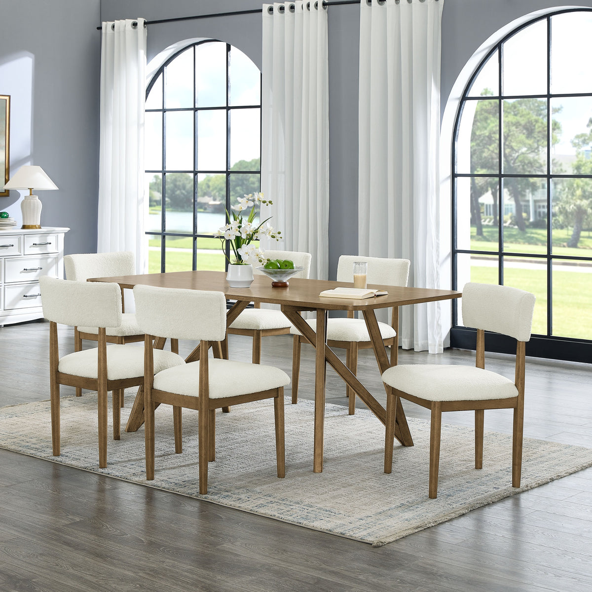 Darla 7Pc 70"W Rectangular Walnut Oak Geometric Cross Base Dining Set
