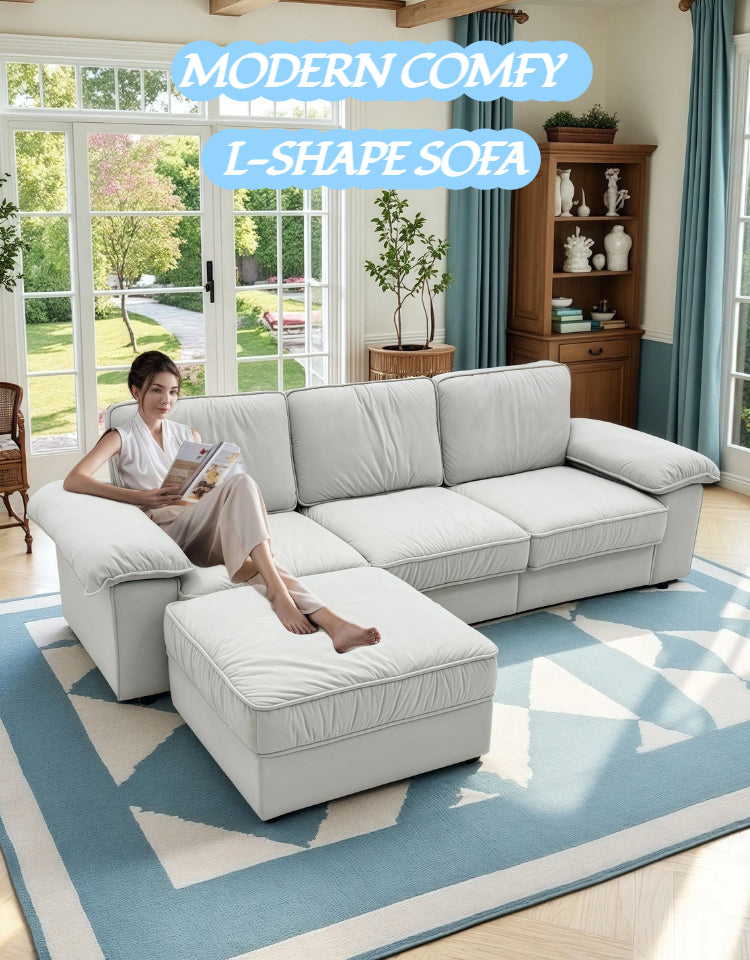 FX-P20M-3S0-CW (3S&Ottoman SOFA)105.5INCH Modern L-Shaped Sectional Sofa Couch , Upholstered Fabric Sofa for Living Room, Comfy Deep Seat Modular Couch with Ottoman, Apartment & Home Furniture