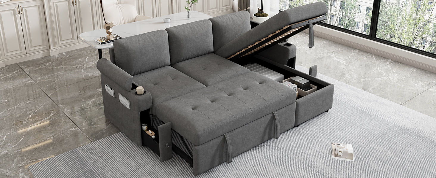 83.5" L-shaped Sofa Couch Convertible Sofa Bed Sectional Sofa with Ample Storage Space, Two Cup Holders and Two USB Ports for Living Room, Gray