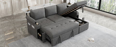 83.5" L-shaped Sofa Couch Convertible Sofa Bed Sectional Sofa with Ample Storage Space, Two Cup Holders and Two USB Ports for Living Room, Gray