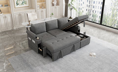 83.5" L-shaped Sofa Couch Convertible Sofa Bed Sectional Sofa with Ample Storage Space, Two Cup Holders and Two USB Ports for Living Room, Gray