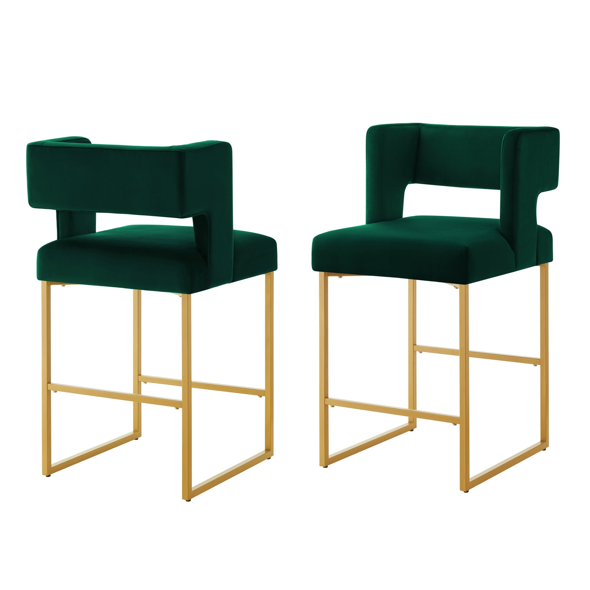 Modern Fashion Counter Height Bar Stools with Unique Square Open Backrest, Set of 2 Versatile Bar Chairs with Sturdy Iron Legs, 26" H Counter Height Chairs for kitchen islands,Jade /Gold