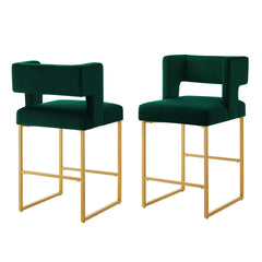 Modern Fashion Counter Height Bar Stools with Unique Square Open Backrest, Set of 2 Versatile Bar Chairs with Sturdy Iron Legs, 26" H Counter Height Chairs for kitchen islands,Jade /Gold