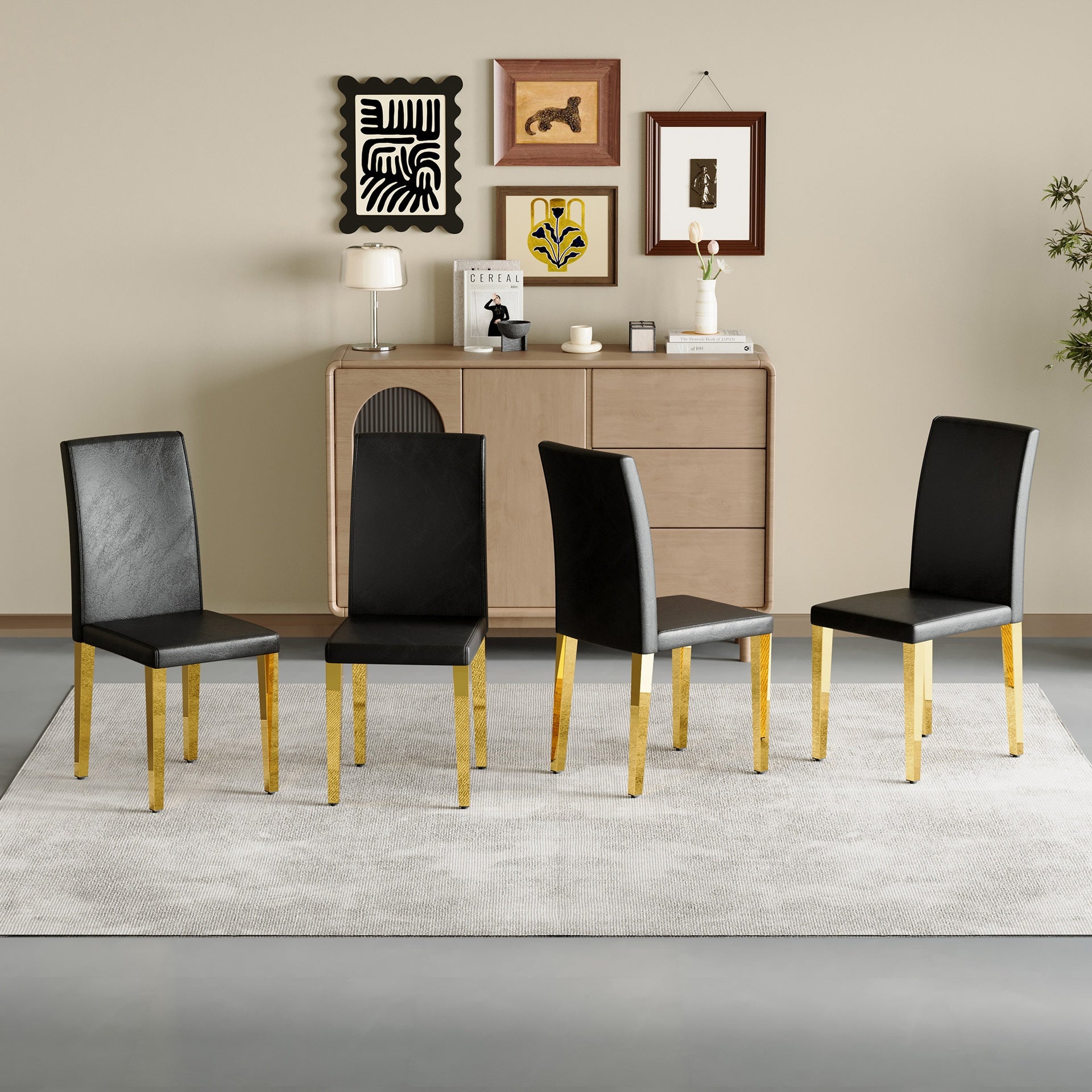 Set of 4 black PU leather backrest chairs with gold metal legs -A perfect pairing, ideal for minimalist and modern home decor styles, with product dimensions of 16.2*18.5*34.6 inches.