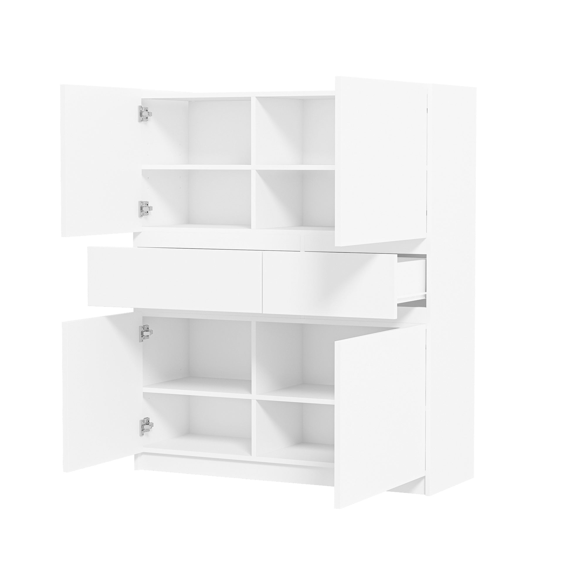 White wooden storage cabinet with 4 doors and 2 drawers
