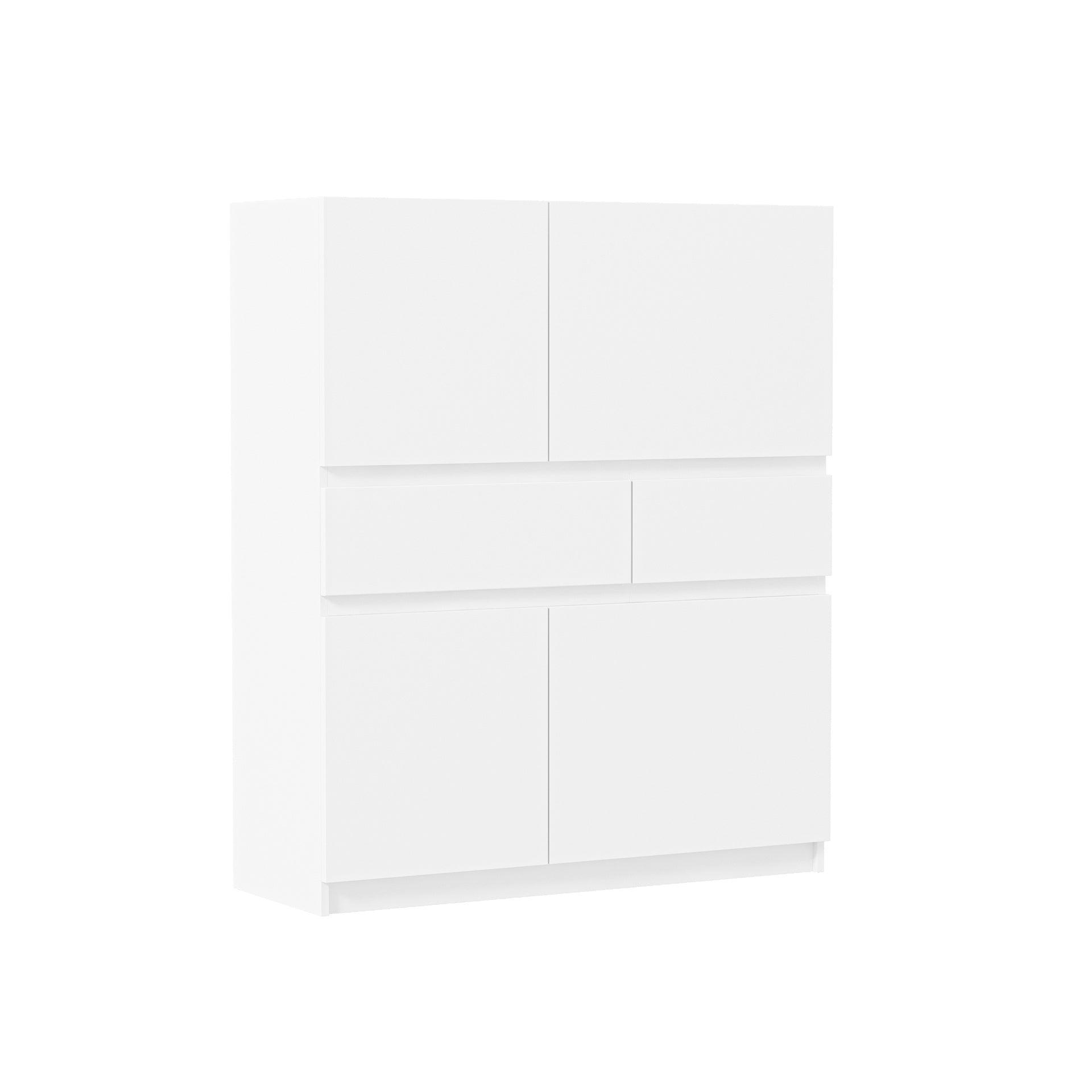 White wooden storage cabinet with 4 doors and 2 drawers