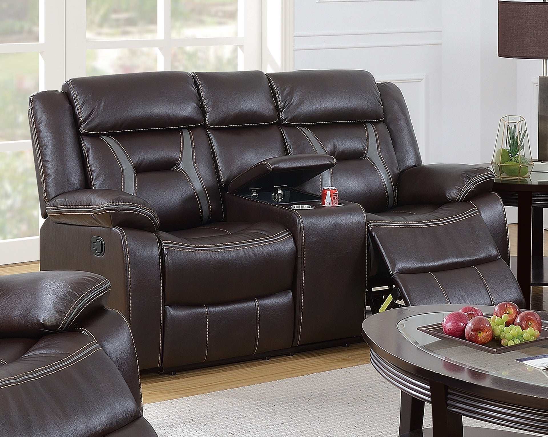 Modern Console Motion Loveseat 1pc Cup Holders Storage Dark Rosy Brown Finish Primary Room Furniture