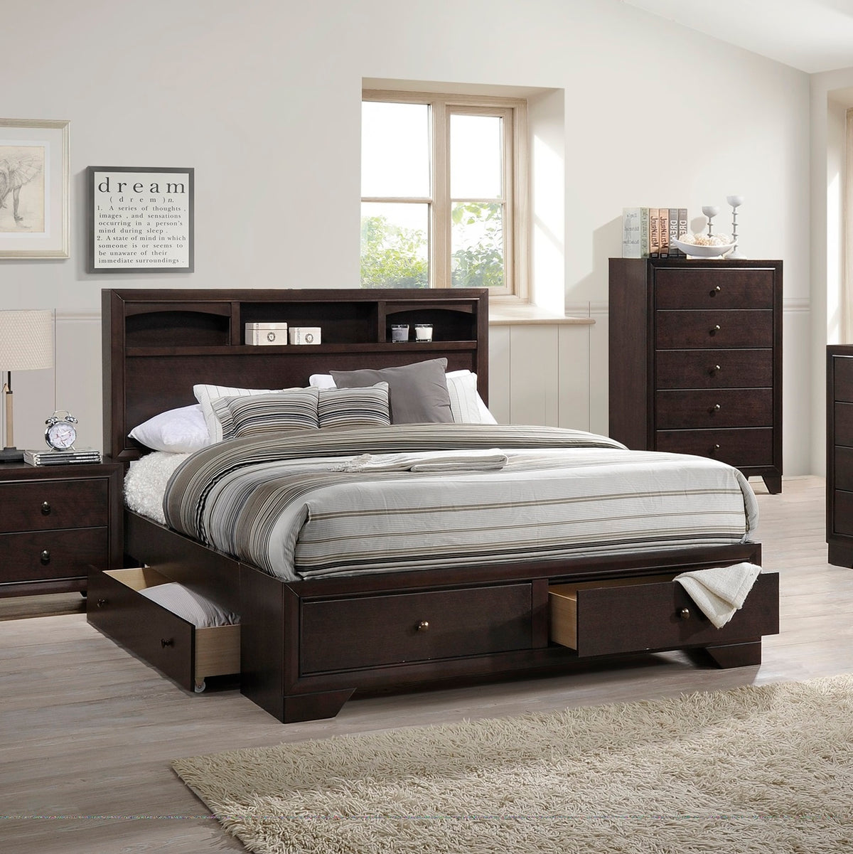 Modern bedroom Storage Eastern King Size Bed Drawers Storage Headboard Footboard 1pc Bed Only.