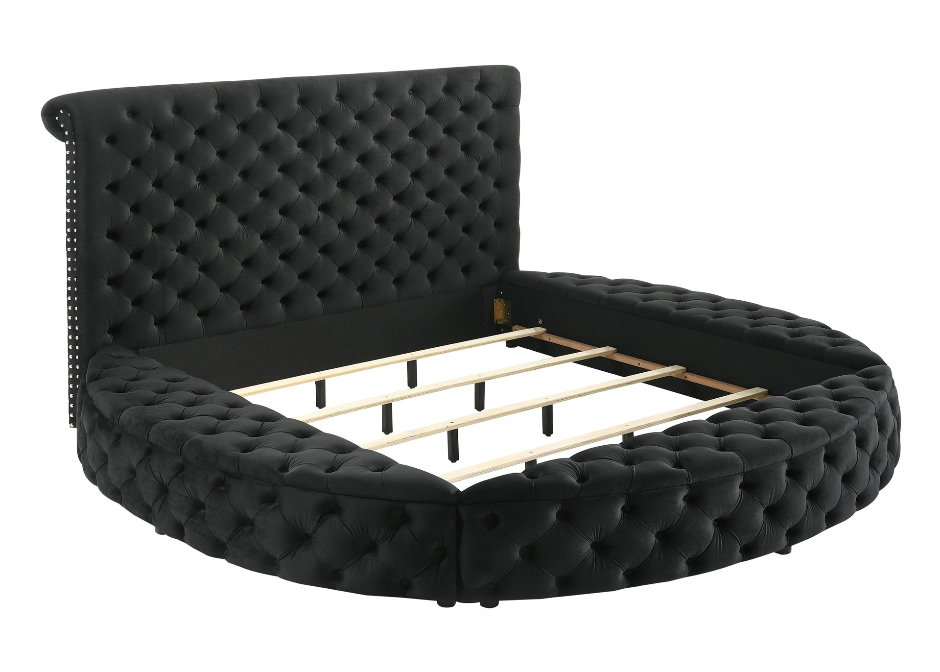 Luxurious 1pc Glam King Size Tufted Headboard Upholstered Storage Round Bed Black Footboard Storage Wooden Bedroom Furniture