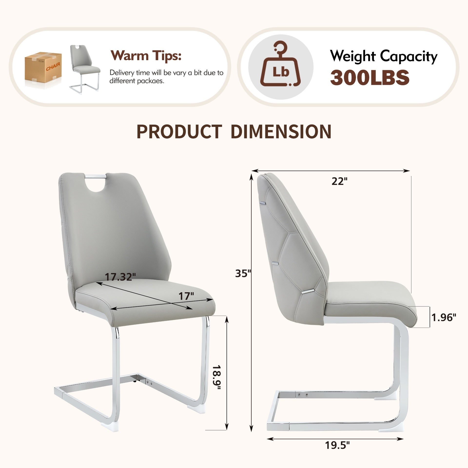 Dining Chairs Set of 2, Light Gray Faux Leather Kitchen Chairs with Gold Mesh Texture, Silver Back Ring and Chrome Pull Handle, High Back Upholstered Dining Room Chair (Light Gray, Set of 2)