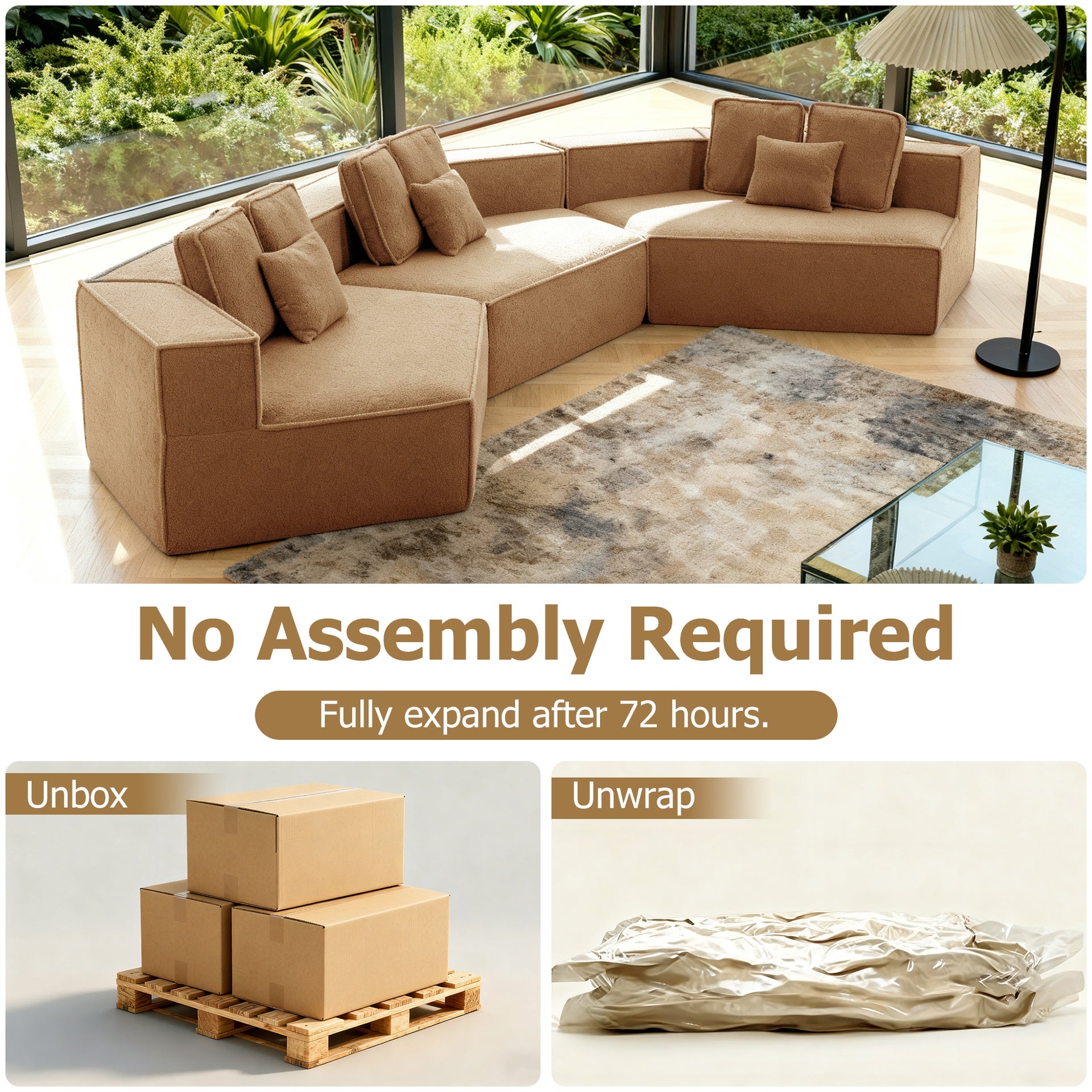 181"Extra Large Multi-Seat Modular Sofa with Teddy Sherpa Fabric, Full-Foam Cushion Sectional Couch, Includes 9 Soft Pillows, High-Density Foam, Flexible Layout for Spacious Living Rooms33017-3-Brown