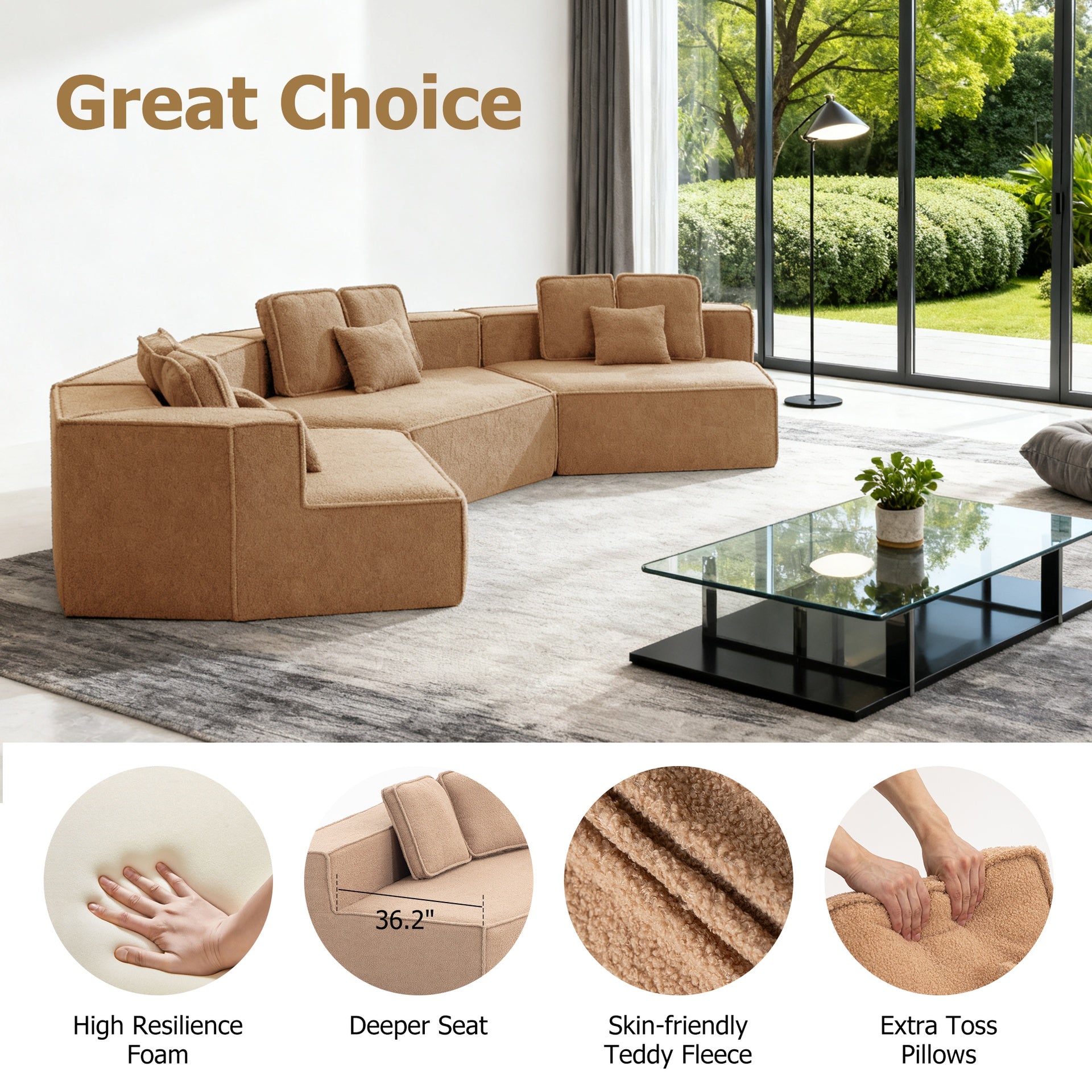 181"Extra Large Multi-Seat Modular Sofa with Teddy Sherpa Fabric, Full-Foam Cushion Sectional Couch, Includes 9 Soft Pillows, High-Density Foam, Flexible Layout for Spacious Living Rooms33017-3-Brown