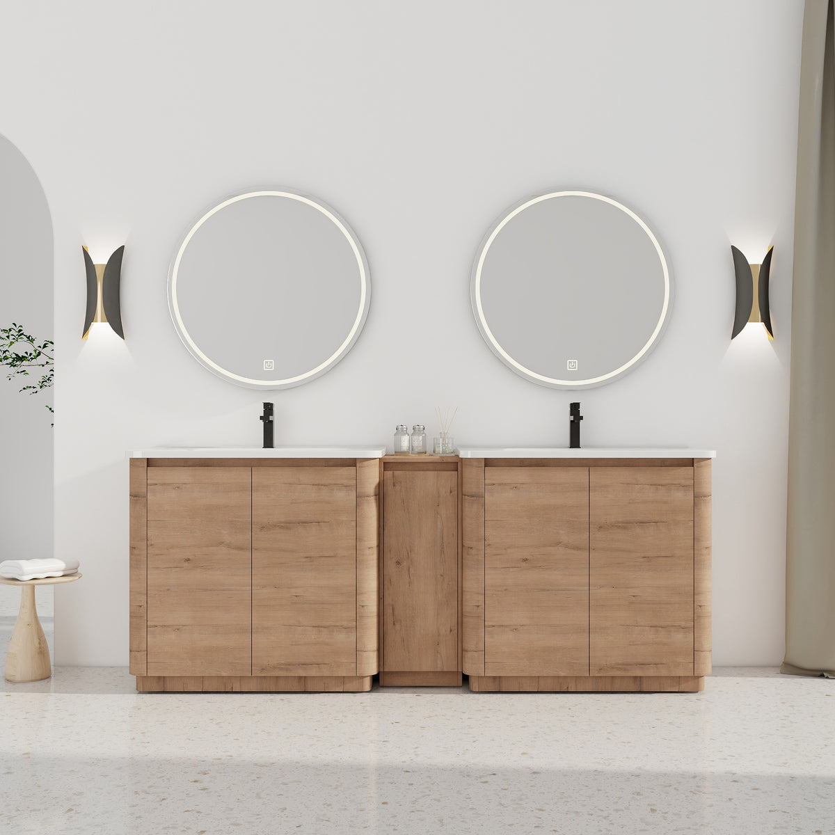 84'' Freestanding Bathroom Vanity with White Ceramic Sink, and 1-Small Storage Cabinet, Soft-Close Door, Imitative Oak, KD-Packing, Plywood
