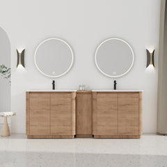 84'' Freestanding Bathroom Vanity with White Ceramic Sink, and 1-Small Storage Cabinet, Soft-Close Door, Imitative Oak, KD-Packing, Plywood