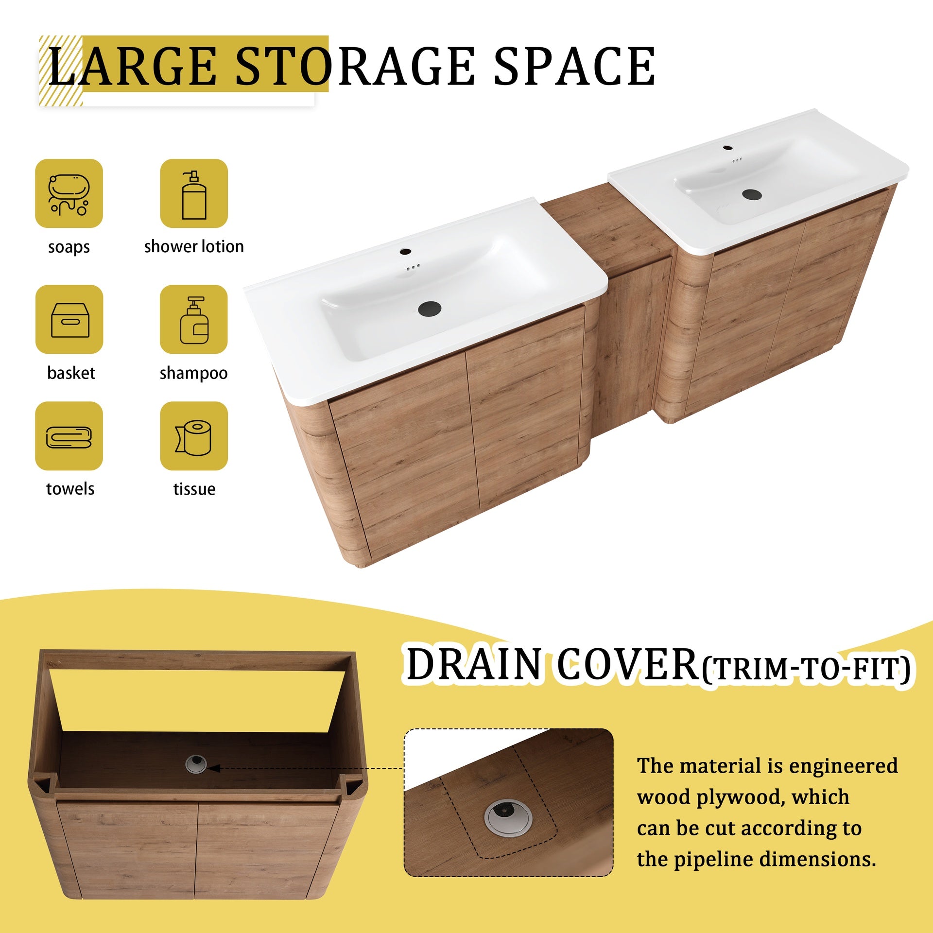 84'' Freestanding Bathroom Vanity with White Ceramic Sink, and 1-Small Storage Cabinet, Soft-Close Door, Imitative Oak, KD-Packing, Plywood