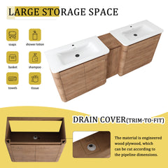 84'' Freestanding Bathroom Vanity with White Ceramic Sink, and 1-Small Storage Cabinet, Soft-Close Door, Imitative Oak, KD-Packing, Plywood