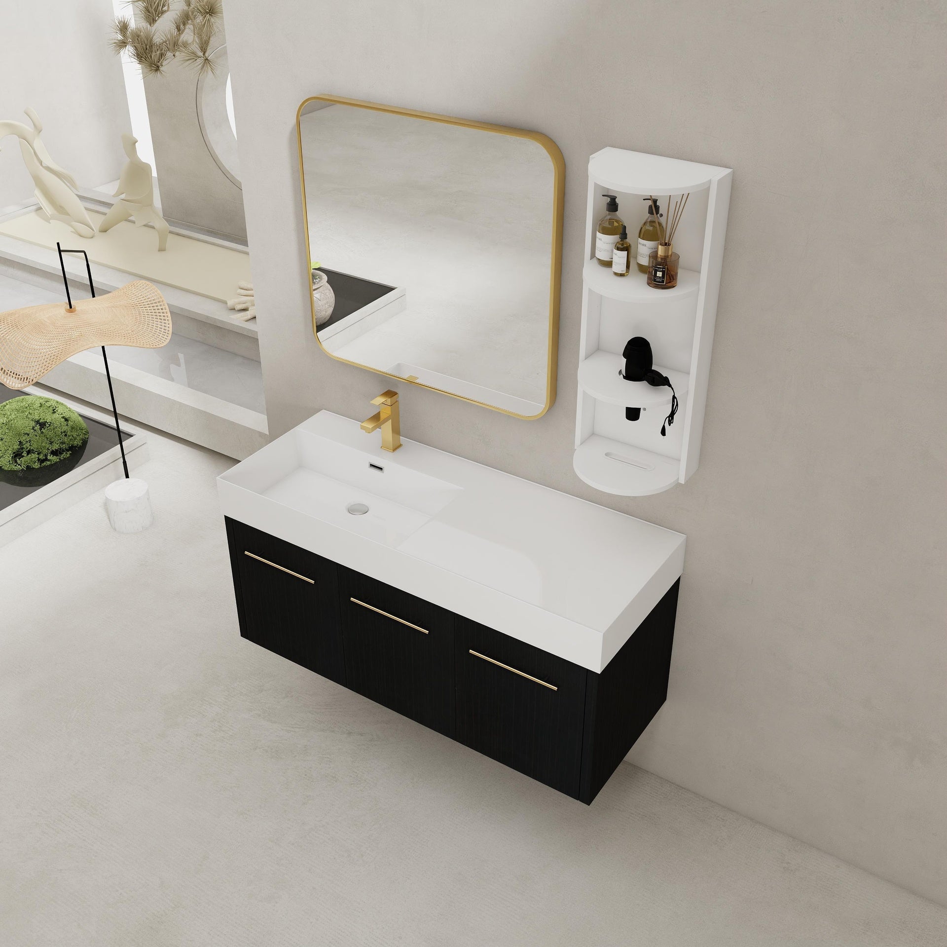48 Inch Wall-Mounted Bathroom Vanity with Sink and Storage Rack, Thick Edged Resin Left Basin, KD-Package