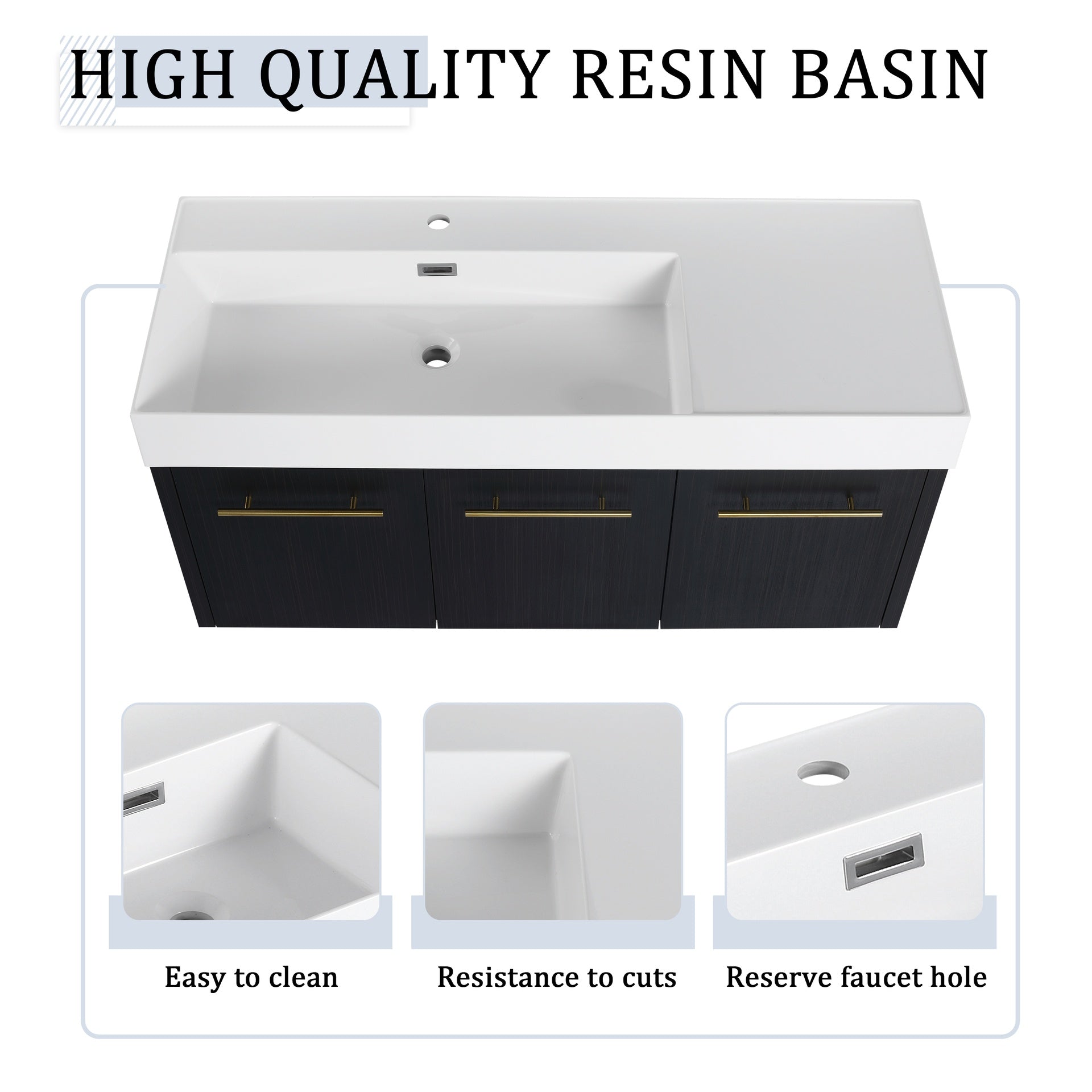 48 Inch Wall-Mounted Bathroom Vanity with Sink and Storage Rack, Thick Edged Resin Left Basin, KD-Package