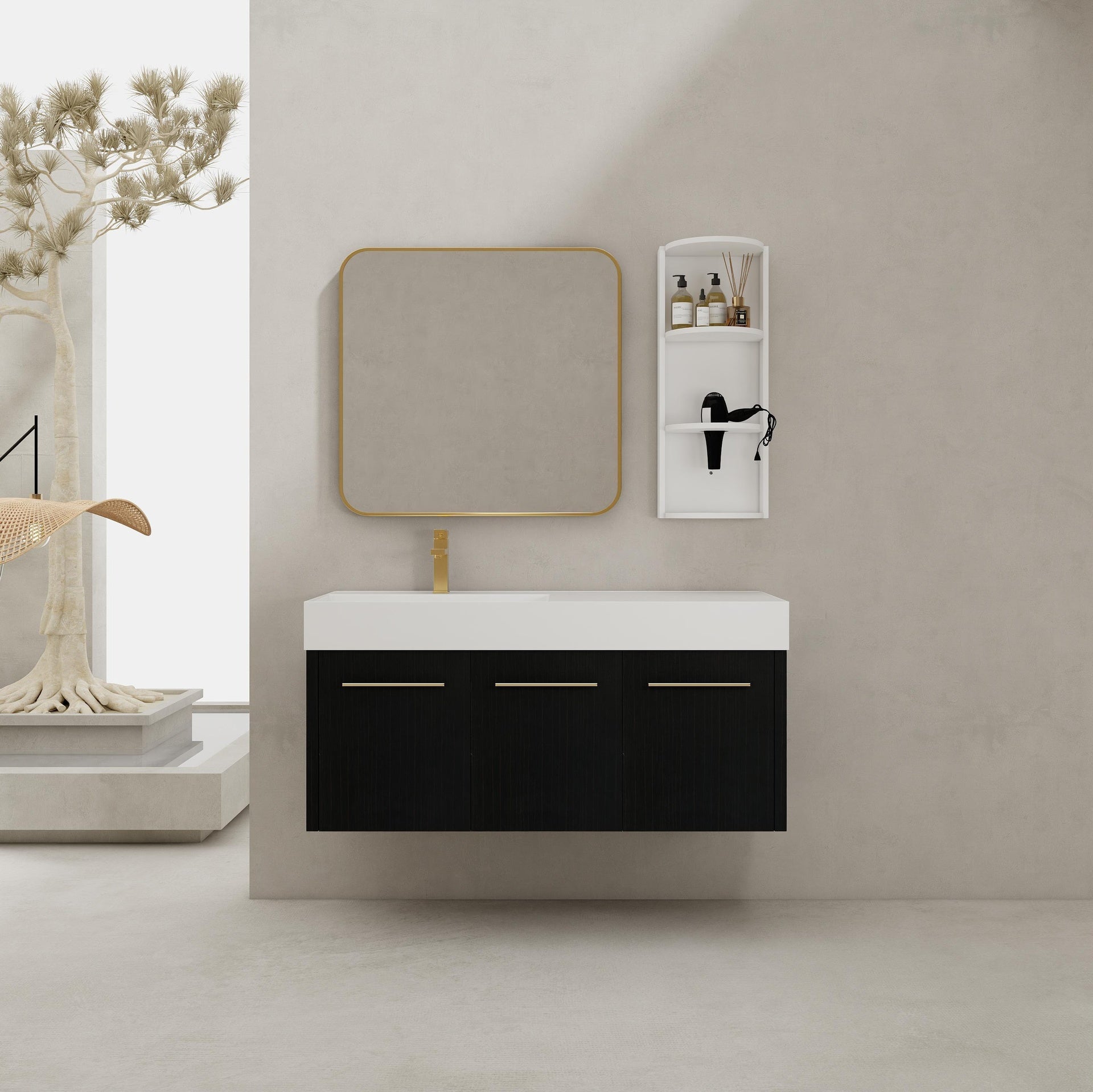 48 Inch Wall-Mounted Bathroom Vanity with Sink and Storage Rack, Thick Edged Resin Left Basin, KD-Package