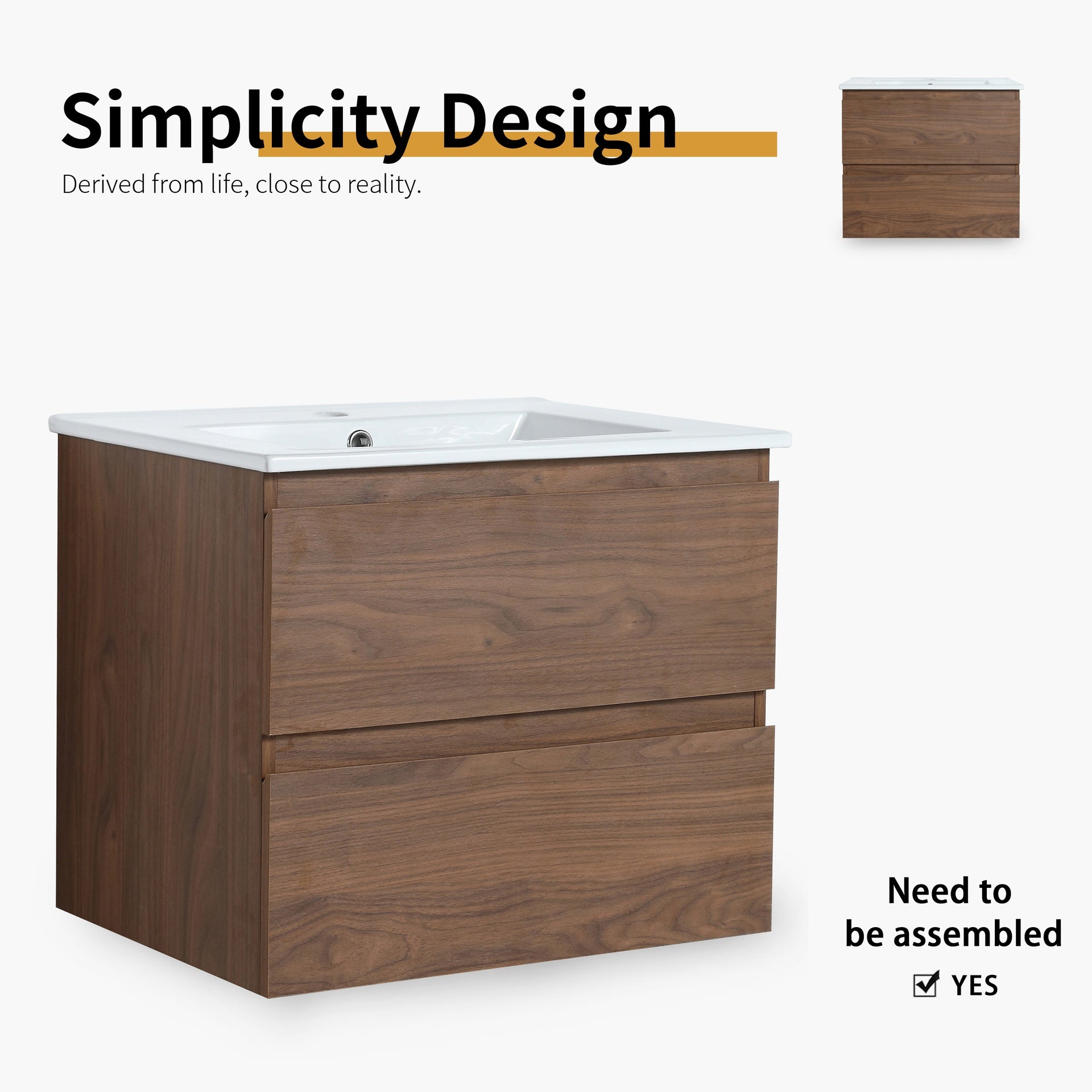 24" Wall-Mounted Bathroom Vanity With Ceramic Sink, 2-Soft Close Drawers, KD-Package