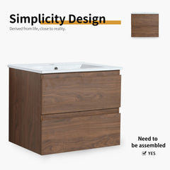 24" Wall-Mounted Bathroom Vanity With Ceramic Sink, 2-Soft Close Drawers, KD-Package