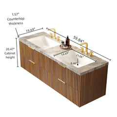 ELIO 60" Bathroom Vanity with Sink, Wall-Mounted Bathroom Storage Cabinet with Drawers, Sintered Stone Countertop and 2 Basins with 3 Pre-drilled Faucet Holes, Pre-assembled, Brown Oak Woodgrain Color
