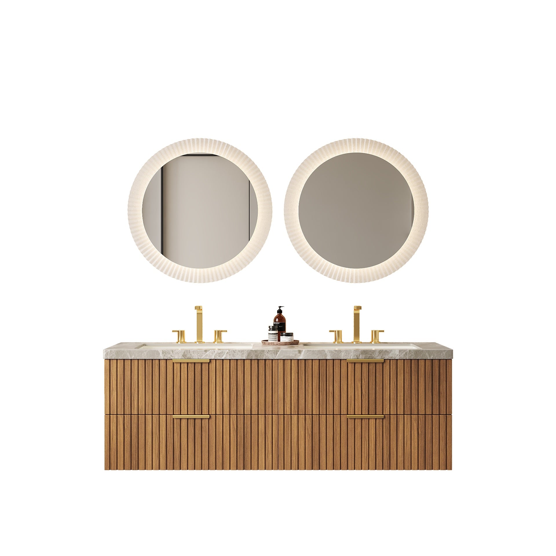 ELIO 60" Bathroom Vanity with Sink, Wall-Mounted Bathroom Storage Cabinet with Drawers, Sintered Stone Countertop and 2 Basins with 3 Pre-drilled Faucet Holes, Pre-assembled, Brown Oak Woodgrain Color