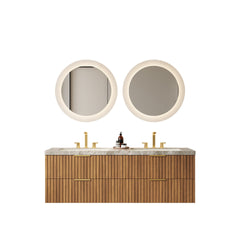 ELIO 60" Bathroom Vanity with Sink, Wall-Mounted Bathroom Storage Cabinet with Drawers, Sintered Stone Countertop and 2 Basins with 3 Pre-drilled Faucet Holes, Pre-assembled, Brown Oak Woodgrain Color