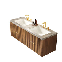 ELIO 60" Bathroom Vanity with Sink, Wall-Mounted Bathroom Storage Cabinet with Drawers, Sintered Stone Countertop and 2 Basins with 3 Pre-drilled Faucet Holes, Pre-assembled, Brown Oak Woodgrain Color