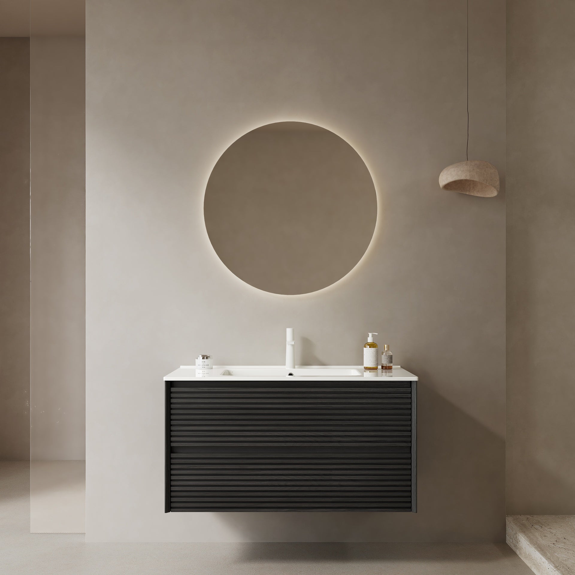 BRON 36" Bathroom Vanity with Sink, Wall-Mounted Floating Plywood Bathroom Storage Cabinet with 2 Drawers, White Ceramic Basin, Pre-assembled, Dark Oak Woodgrain Color