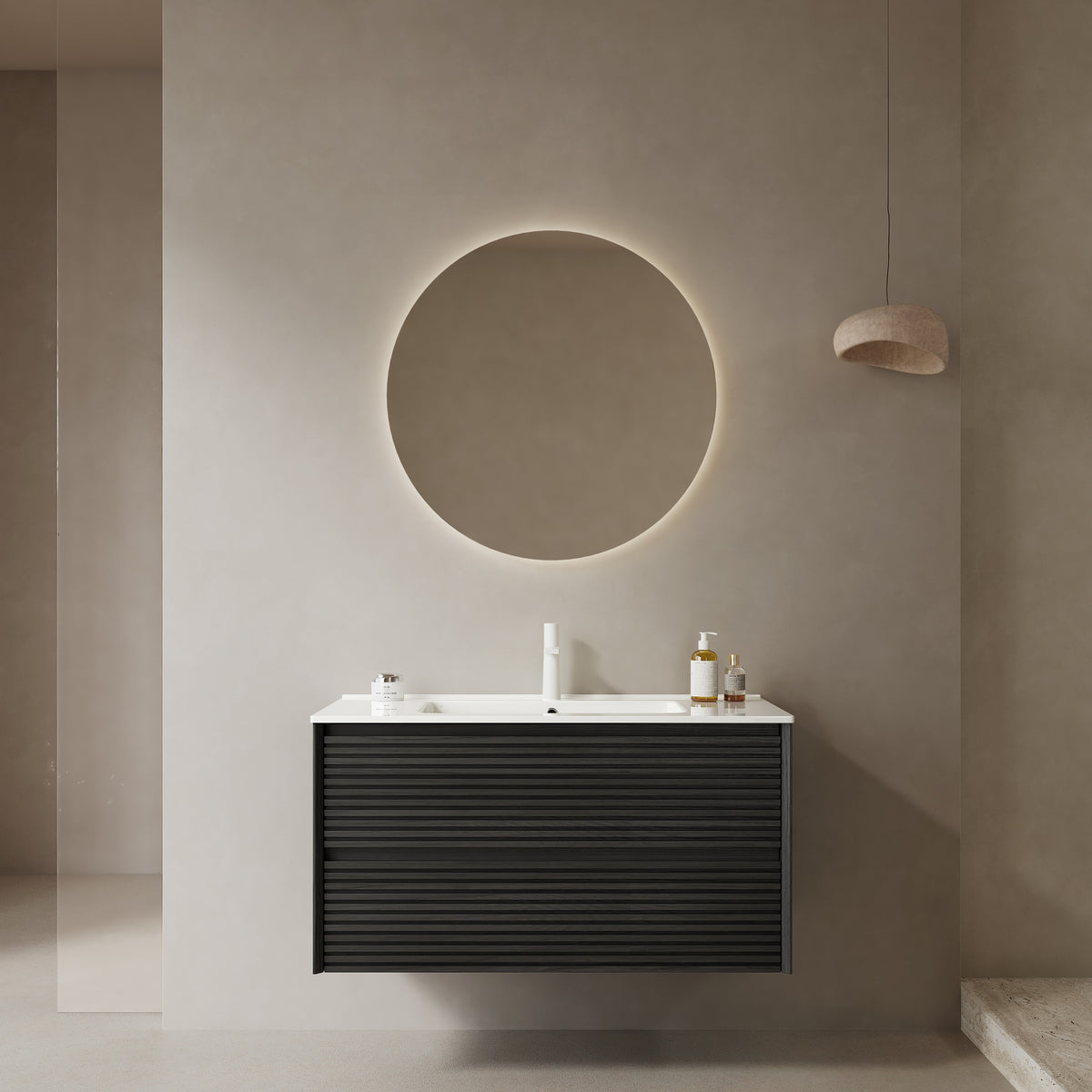 BRON 36" Bathroom Vanity with Sink, Wall-Mounted Floating Plywood Bathroom Storage Cabinet with 2 Drawers, White Ceramic Basin, Pre-assembled, Dark Oak Woodgrain Color