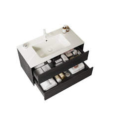 BRON 36" Bathroom Vanity with Sink, Wall-Mounted Floating Plywood Bathroom Storage Cabinet with 2 Drawers, White Ceramic Basin, Pre-assembled, Dark Oak Woodgrain Color