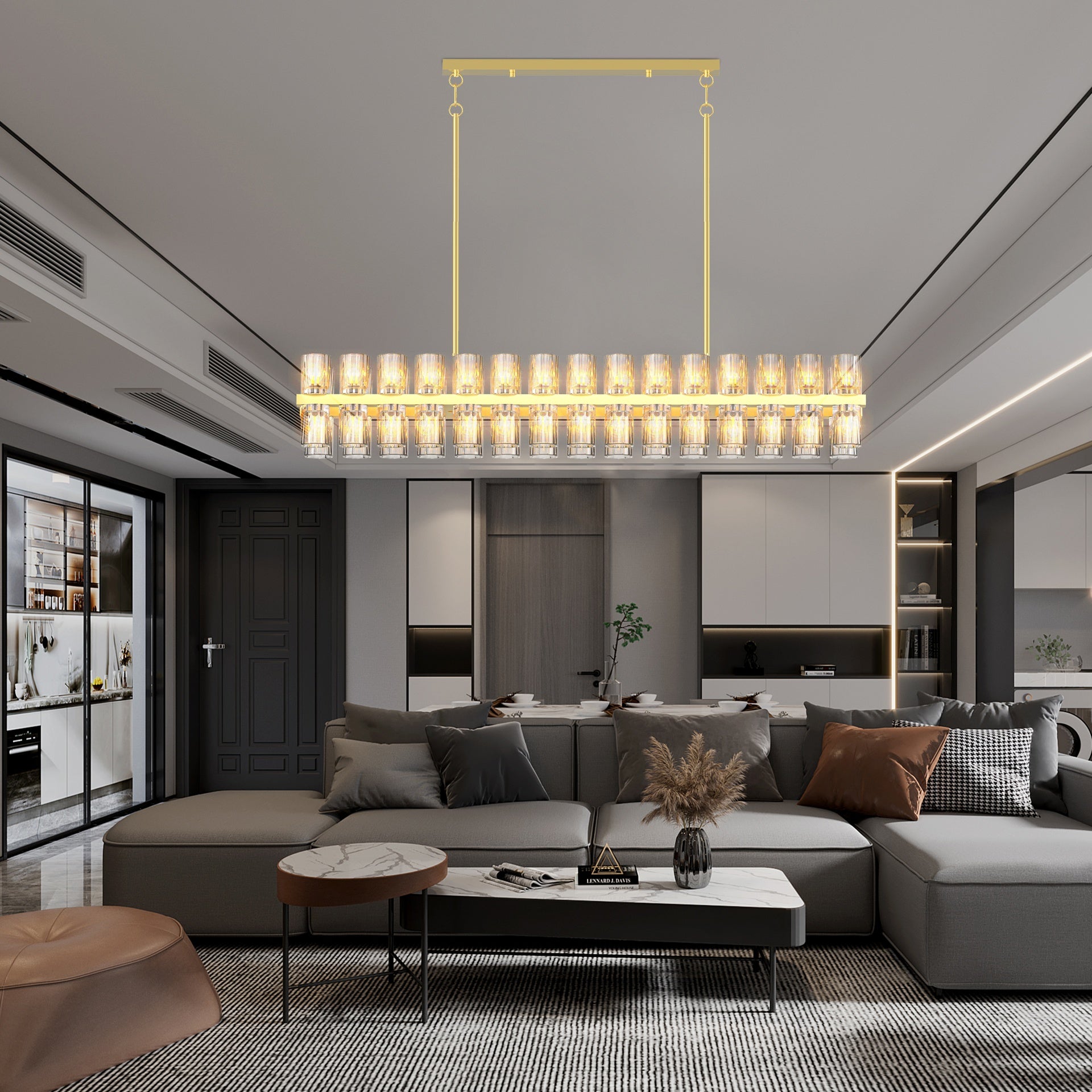Crystal Brass Rectangle Chandeliers for Dining Room, 54in Gold Farmhouse Chandeliers for Dining Room, Modern Rectangle Crystal Chandelier for Kitchen Island Living Room, Includes 60XG4 Bulbs