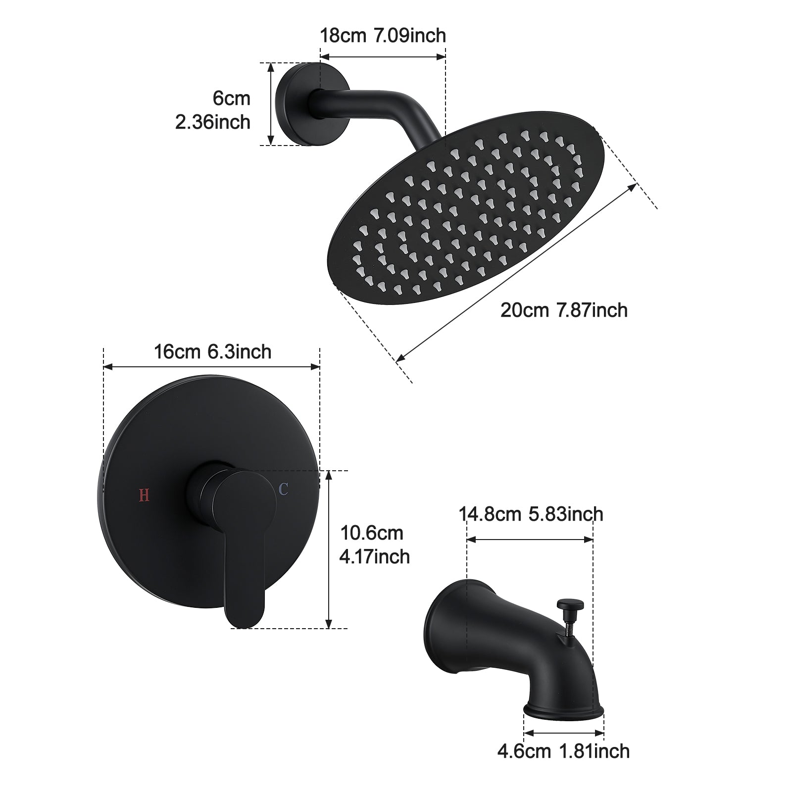 Faucet Modern Matte Black Shower Faucet, Tub and Shower Trim Kit with Single-Spray Touch-Clean Black Shower Round Head, Matte Black  (Valve Not Included)