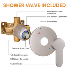 Faucet Modern Brushed Nickel Shower Faucet, Tub and Shower Trim Kit with Single-Spray Touch-Clean Brushed Nickel Round Shower Head, Brushed Nickel (Valve Not Included)