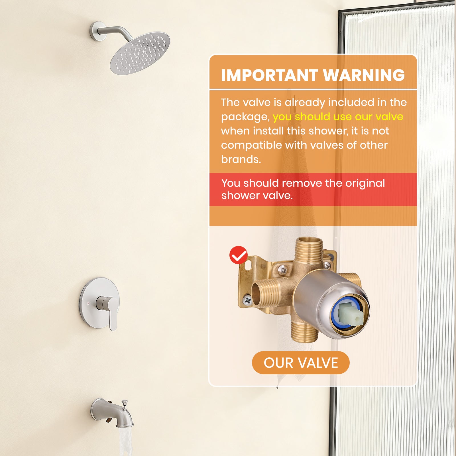 Faucet Modern Brushed Nickel Shower Faucet, Tub and Shower Trim Kit with Single-Spray Touch-Clean Brushed Nickel Round Shower Head, Brushed Nickel (Valve Not Included)