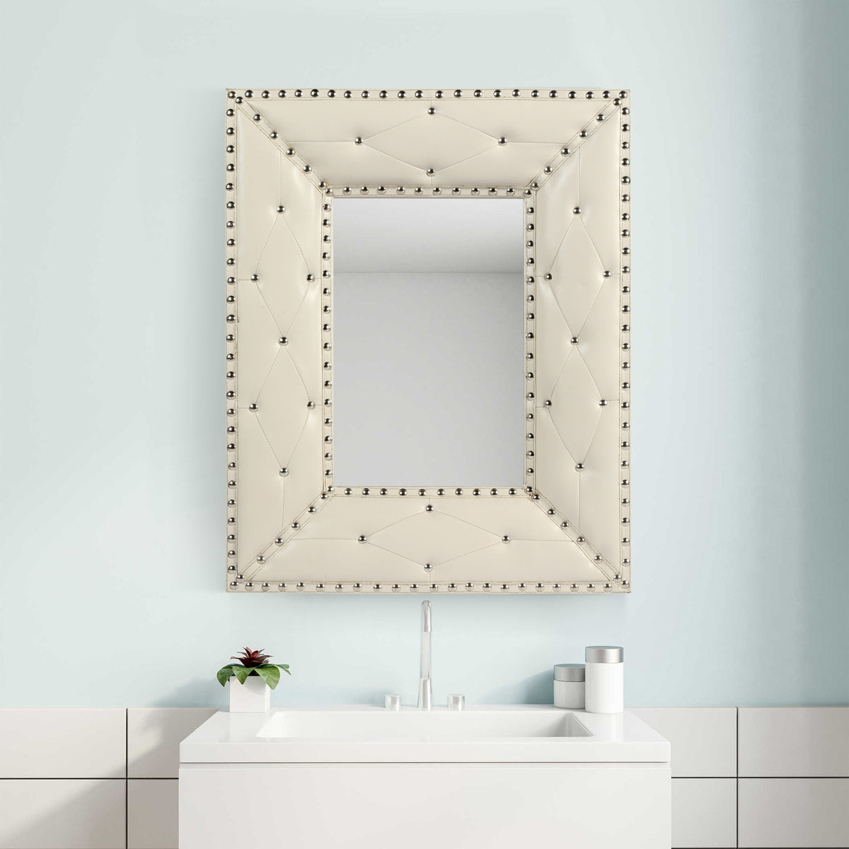 WHITE Rectangle Decorative Wall Hanging Mirror,Rivet Decoration,PU Covered MDF Framed Mirror for Bedroom Living Room Vanity Entryway Wall Decor,21x26inch