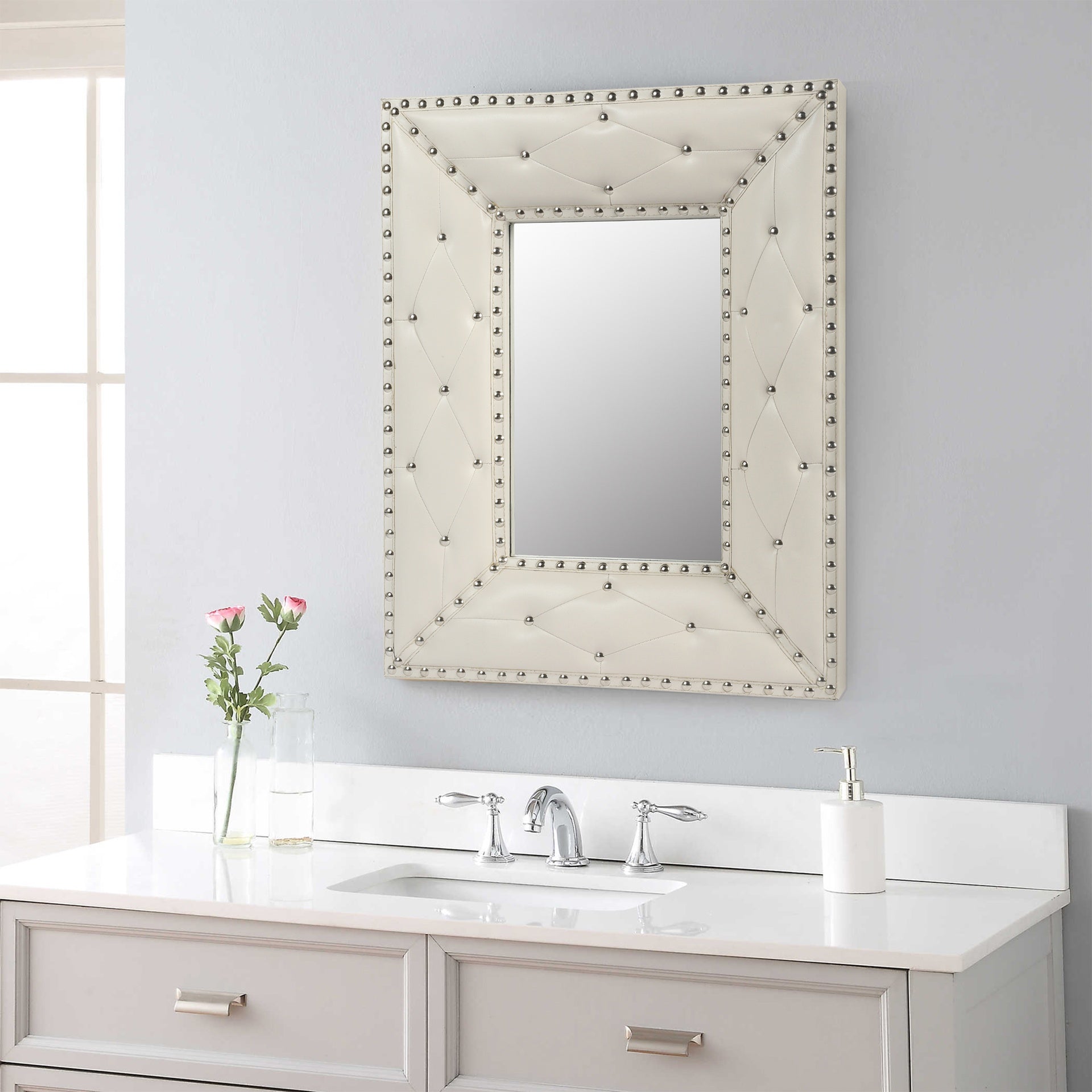 WHITE Rectangle Decorative Wall Hanging Mirror,Rivet Decoration,PU Covered MDF Framed Mirror for Bedroom Living Room Vanity Entryway Wall Decor,21x26inch