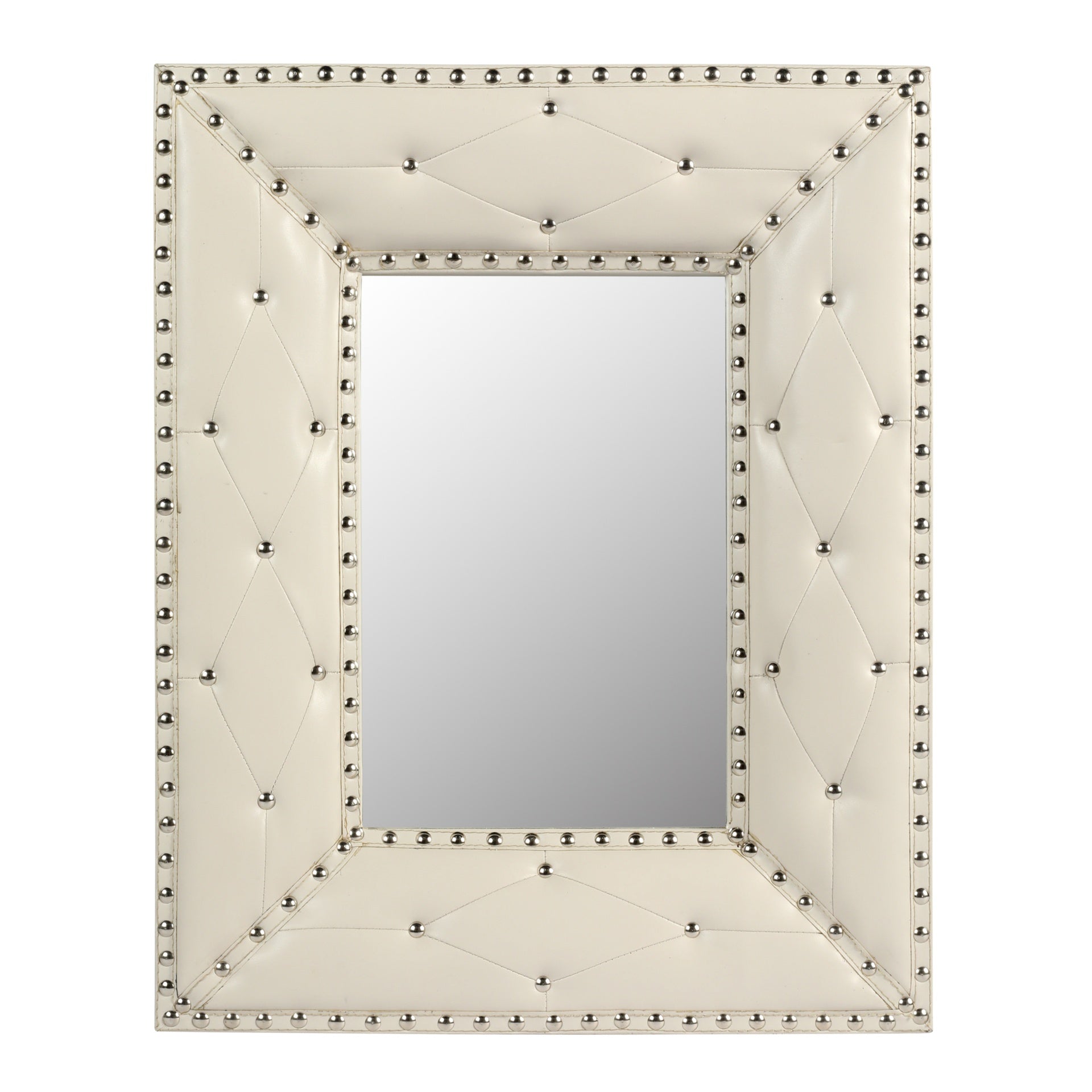WHITE Rectangle Decorative Wall Hanging Mirror,Rivet Decoration,PU Covered MDF Framed Mirror for Bedroom Living Room Vanity Entryway Wall Decor,21x26inch