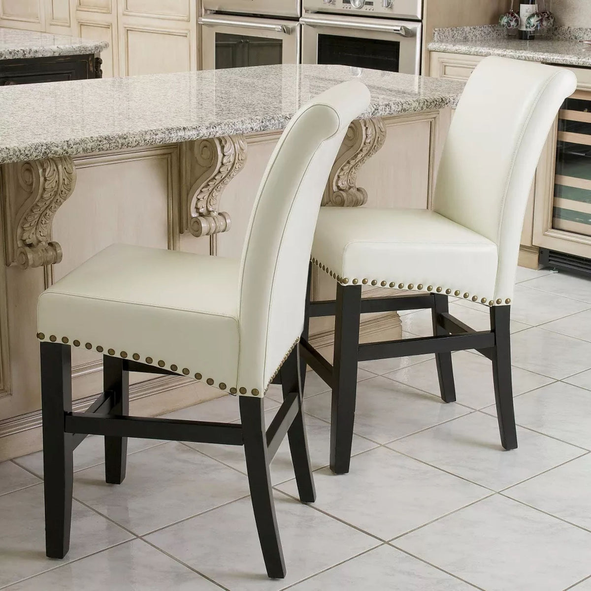 Contemporary leather counter stools,Ivory dining chairs with nail-head decoration  (Set of 2),25 inches upholstered dining chairs suitable for Kitchen/Bedroom/Dining Room.