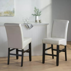Contemporary leather counter stools,Ivory dining chairs with nail-head decoration  (Set of 2),25 inches upholstered dining chairs suitable for Kitchen/Bedroom/Dining Room.
