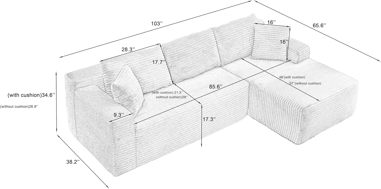 L-Shaped Cloud Sectional Sofa with Deep Seat,No Assembly Required,Modular Couches Sleeper for Living Room,Bedroom,Apartment,Dark Grey