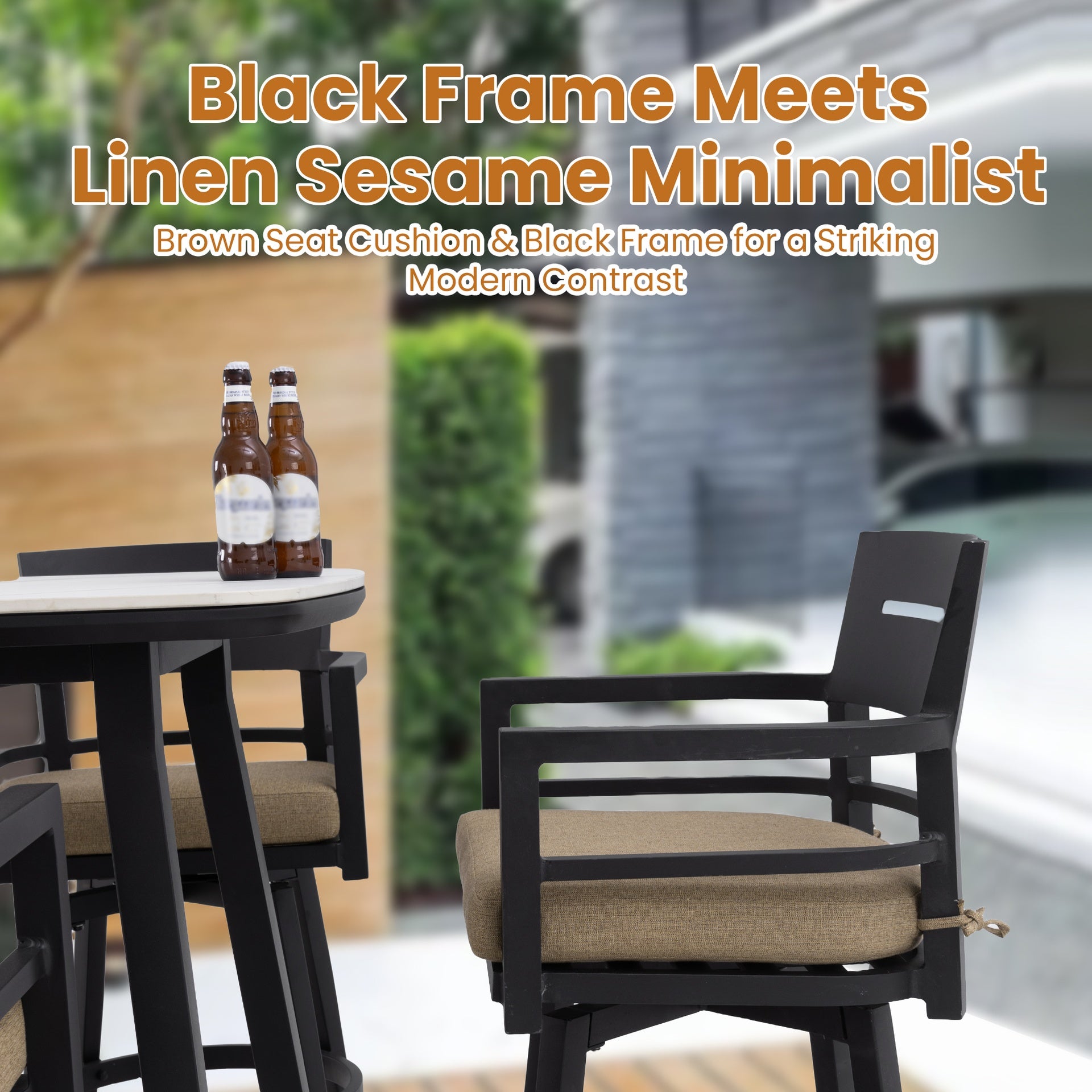 Modern 5PC Outdoor Patio Bar Set,Rounded Square Sintered Stone Table & 4 Swivel Bar Chairs,Non-Rust Aluminum Frame,Ember Black, Marble-Inspired Top,Bearing Swivel Plate,Tapered Legs,Sunbrella Cushion