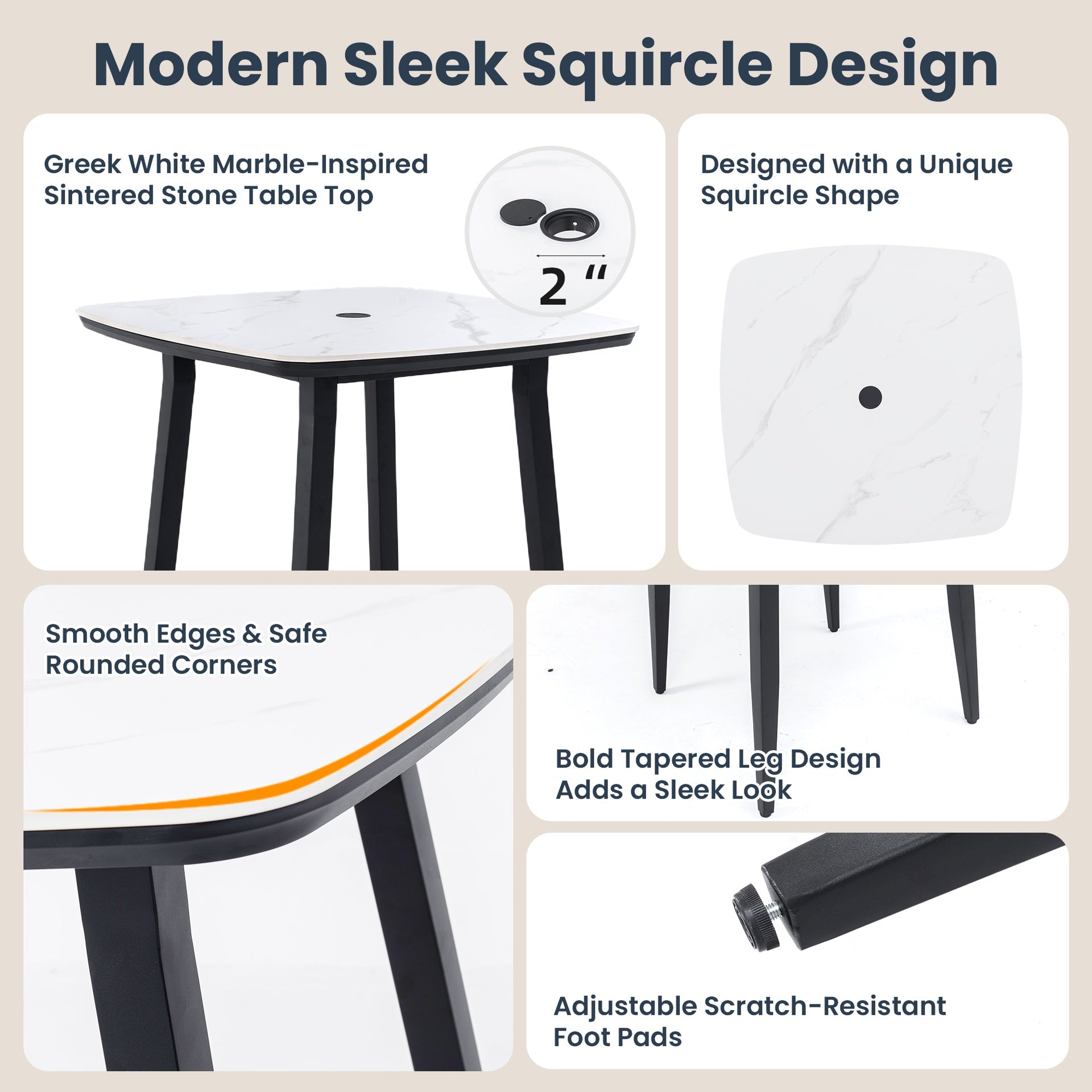 Modern 5PC Outdoor Patio Bar Set,Rounded Square Sintered Stone Table & 4 Swivel Bar Chairs,Non-Rust Aluminum Frame,Ember Black, Marble-Inspired Top,Bearing Swivel Plate,Tapered Legs,Sunbrella Cushion