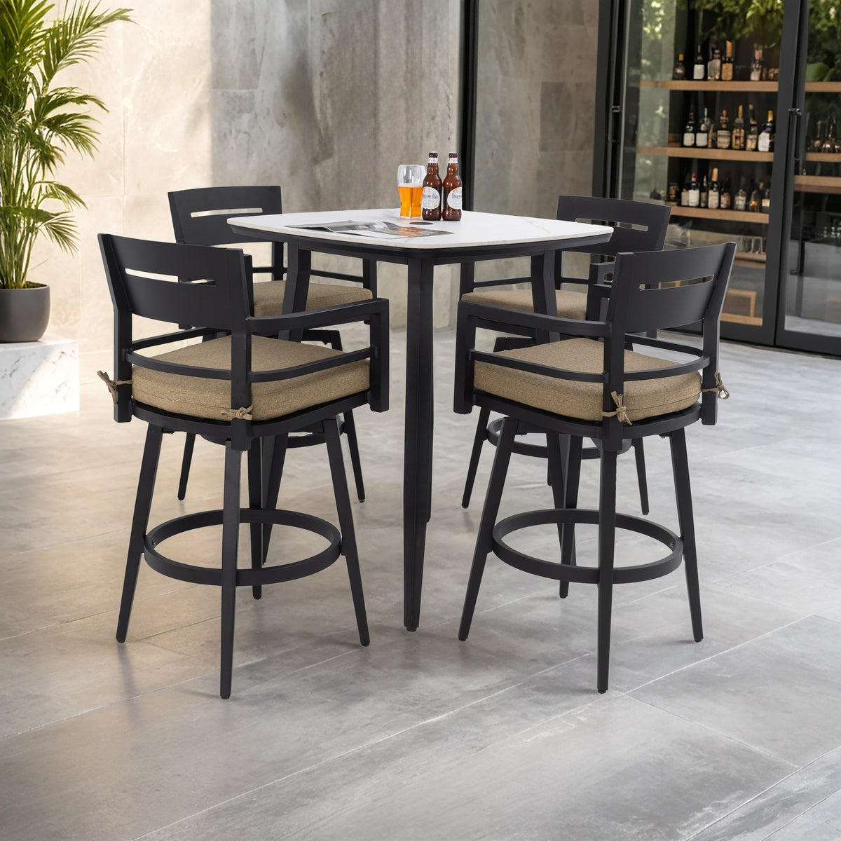 Modern 5PC Outdoor Patio Bar Set,Rounded Square Sintered Stone Table & 4 Swivel Bar Chairs,Non-Rust Aluminum Frame,Ember Black, Marble-Inspired Top,Bearing Swivel Plate,Tapered Legs,Sunbrella Cushion