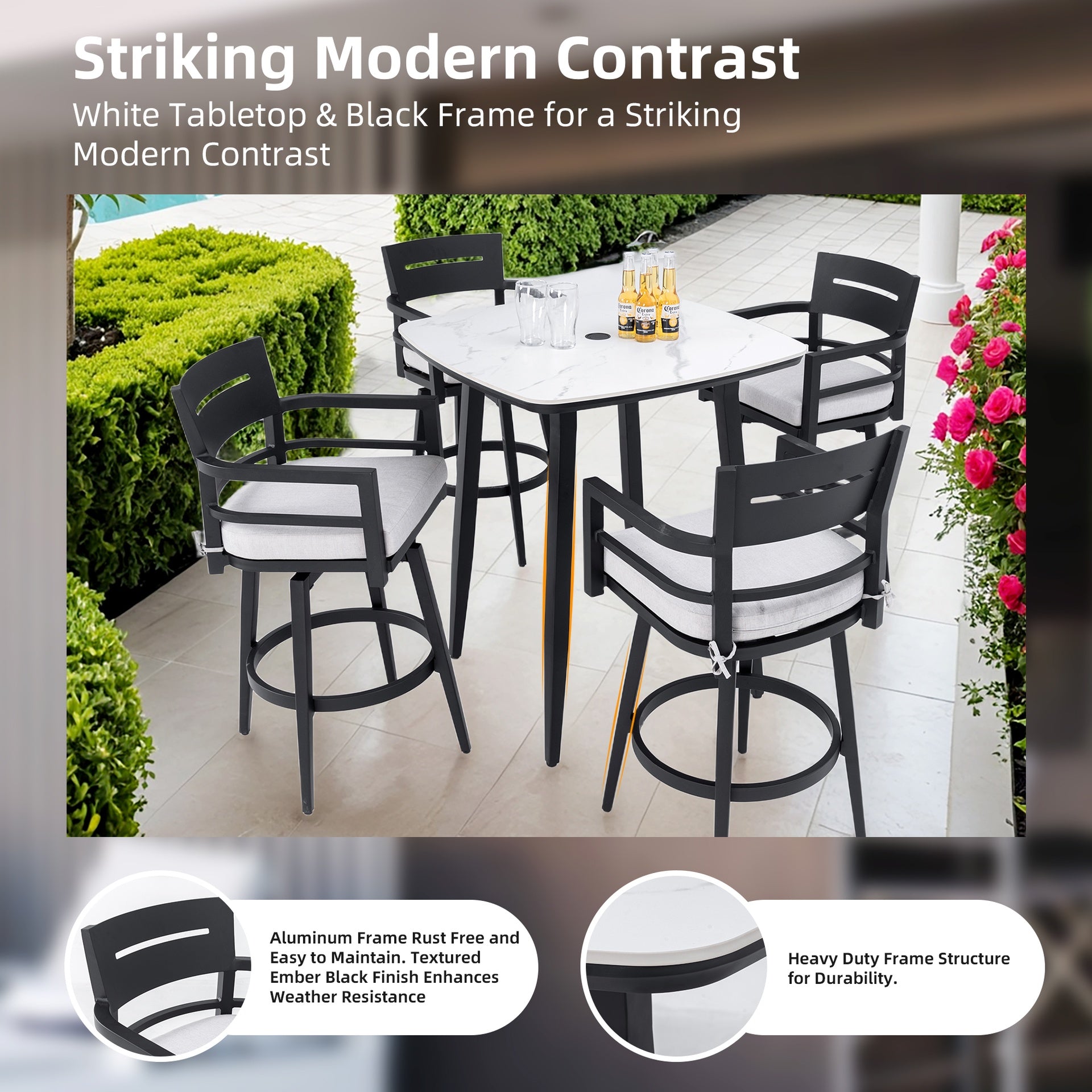Modern 5PC Outdoor Patio Bar Set,Rounded Square Sintered Stone Table & 4 Swivel Bar Chairs,Non-Rust Aluminum Frame,Ember Black, Marble-Inspired Top,Bearing Swivel Plate,Tapered Legs,Sunbrella Cushion