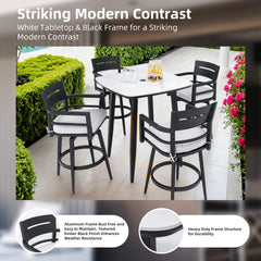 Modern 5PC Outdoor Patio Bar Set,Rounded Square Sintered Stone Table & 4 Swivel Bar Chairs,Non-Rust Aluminum Frame,Ember Black, Marble-Inspired Top,Bearing Swivel Plate,Tapered Legs,Sunbrella Cushion
