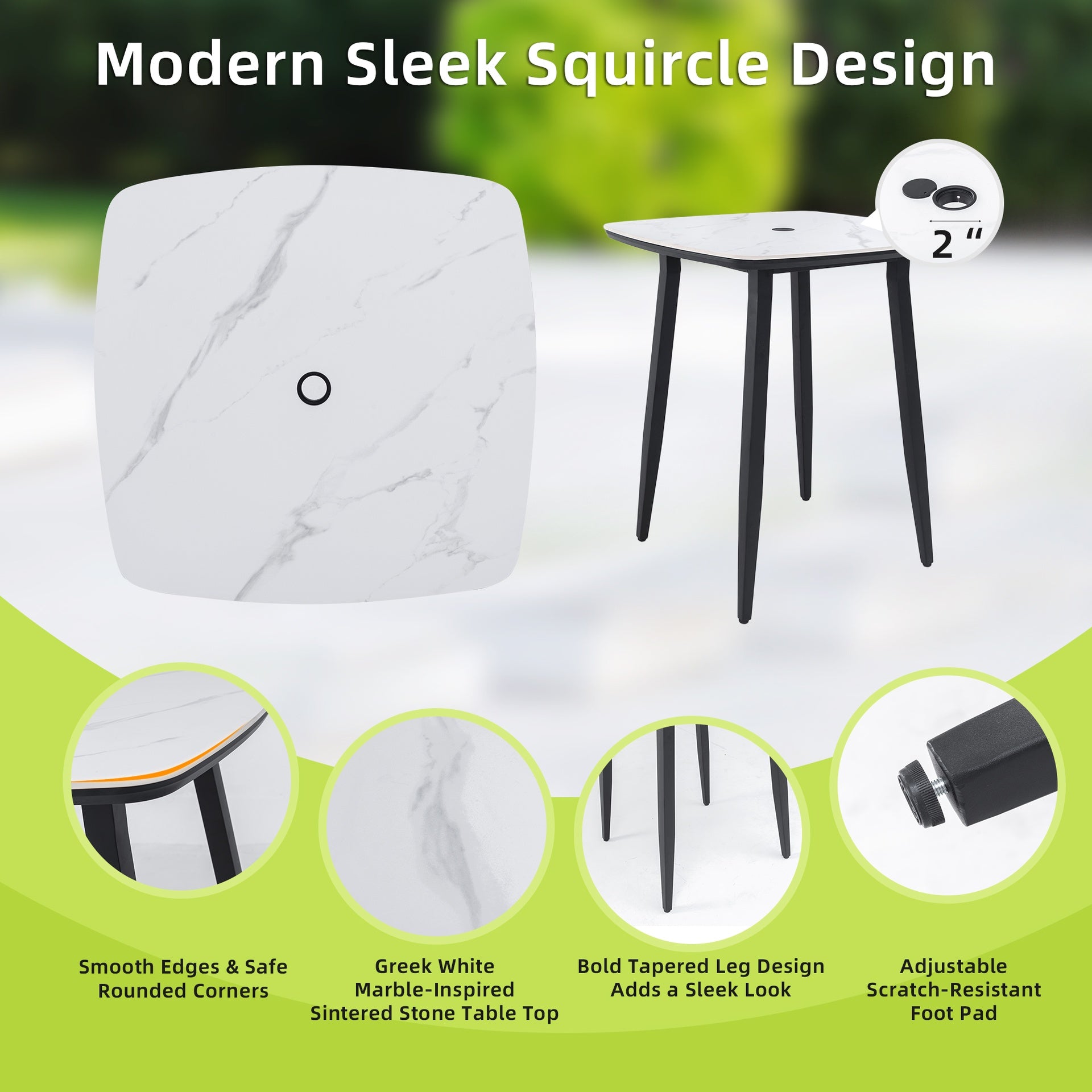 Modern 5PC Outdoor Patio Bar Set,Rounded Square Sintered Stone Table & 4 Swivel Bar Chairs,Non-Rust Aluminum Frame,Ember Black, Marble-Inspired Top,Bearing Swivel Plate,Tapered Legs,Sunbrella Cushion