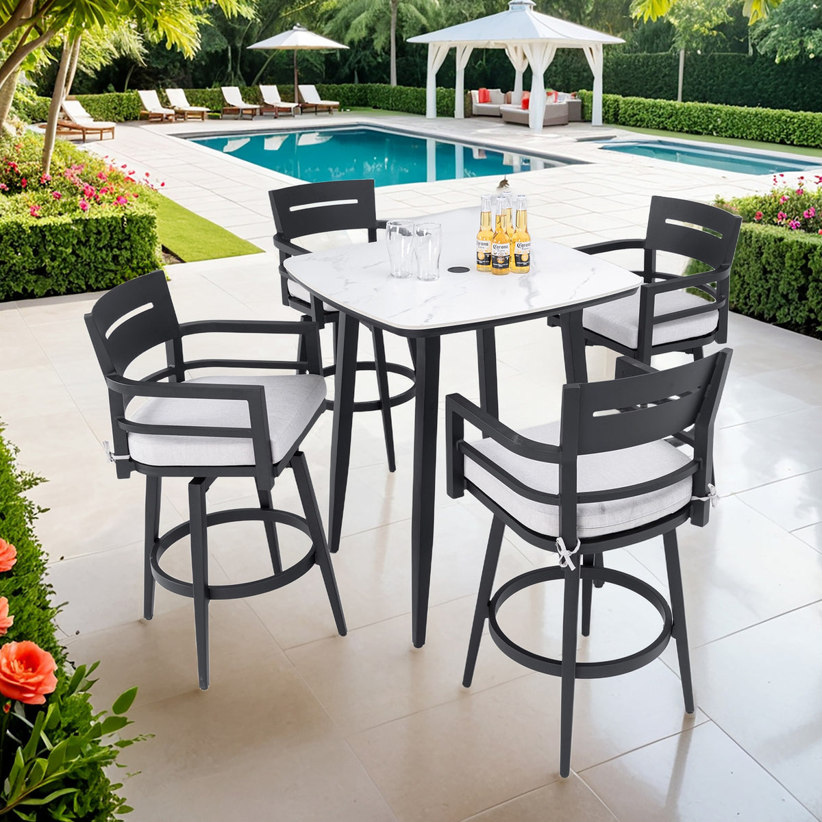 Modern 5PC Outdoor Patio Bar Set,Rounded Square Sintered Stone Table & 4 Swivel Bar Chairs,Non-Rust Aluminum Frame,Ember Black, Marble-Inspired Top,Bearing Swivel Plate,Tapered Legs,Sunbrella Cushion