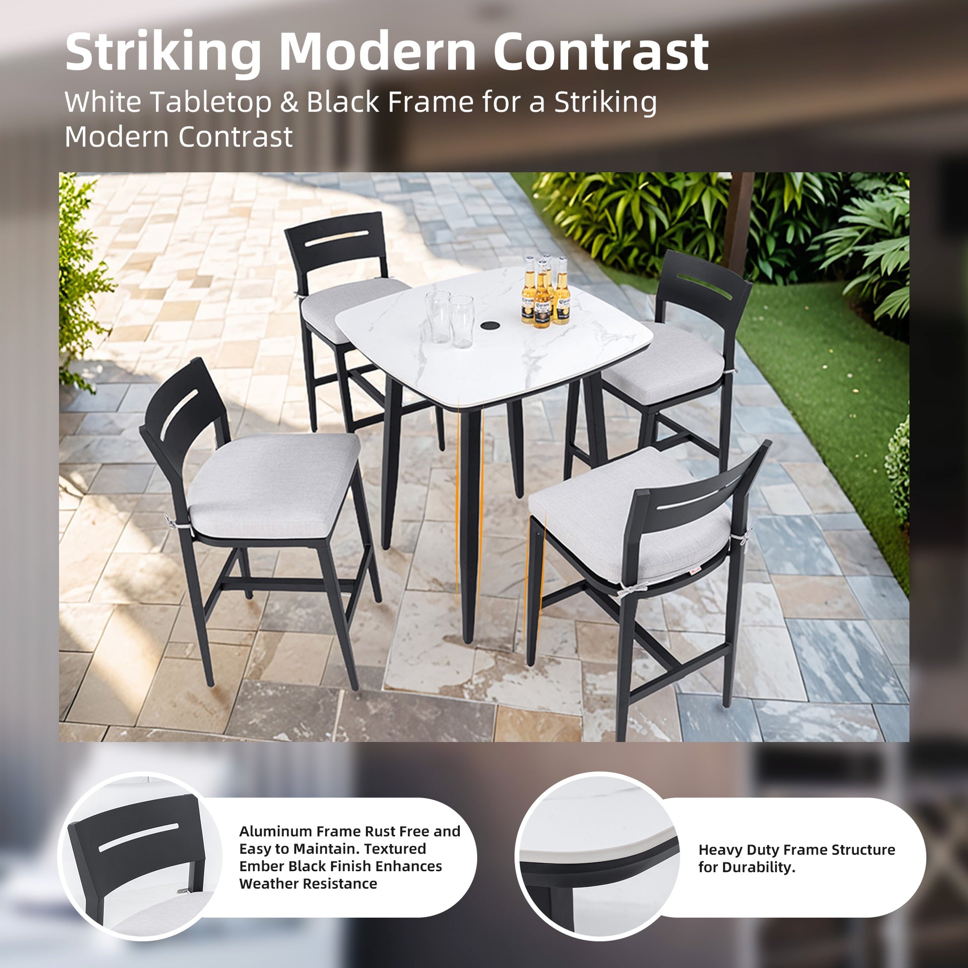 Modern 5PC Outdoor Patio Bar Set, Rounded Square 35.4'' Sintered Stone Table & 4 Aluminum Bar Stools, Ember Black, Greek White Marble-Inspired Top, Tapered Legs, Sunbrella Cushion, Weather-Resistant
